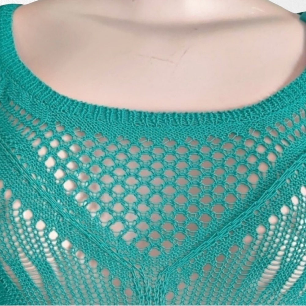 L*SPACE Vista Beach Crochet Sweater Fringe Coverup Teal SZ XS - Picture 2 of 9